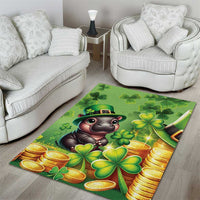 Green area rug showing leprechaun animal, shamrocks, and gold coins border