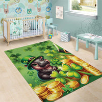 Green area rug with leprechaun animal, clovers, and gold coins in diagonal layout
