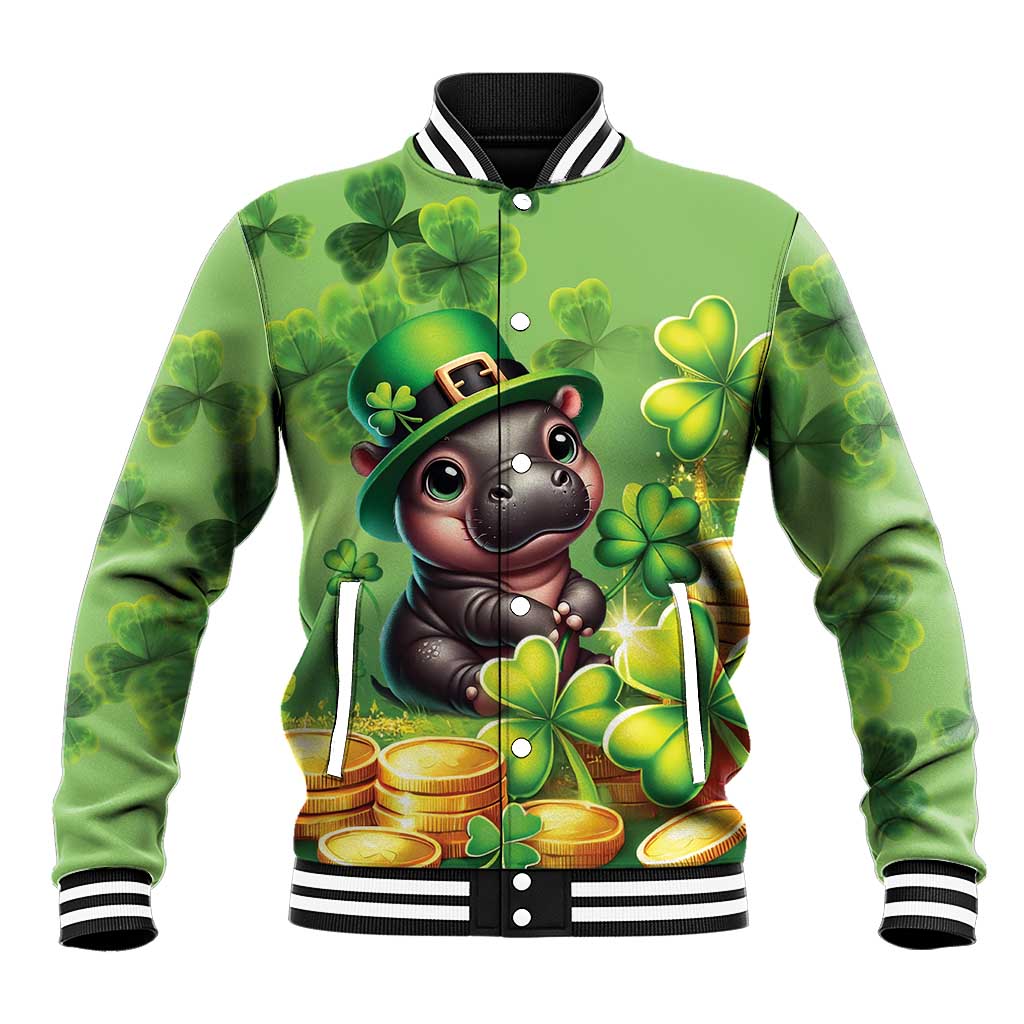Green unisex baseball jacket with striped collar and clover-themed cartoon animal graphic