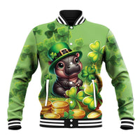 Green unisex baseball jacket with striped collar and clover-themed cartoon animal graphic