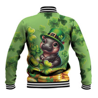 Green unisex baseball jacket, back view, striped collar with clover and coins cartoon animal