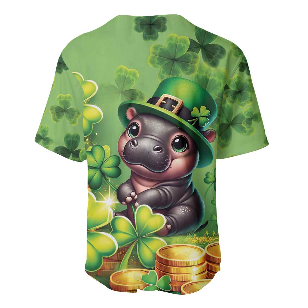 Green baseball jersey, cartoon hippo leprechaun hat, clovers and coins, back view