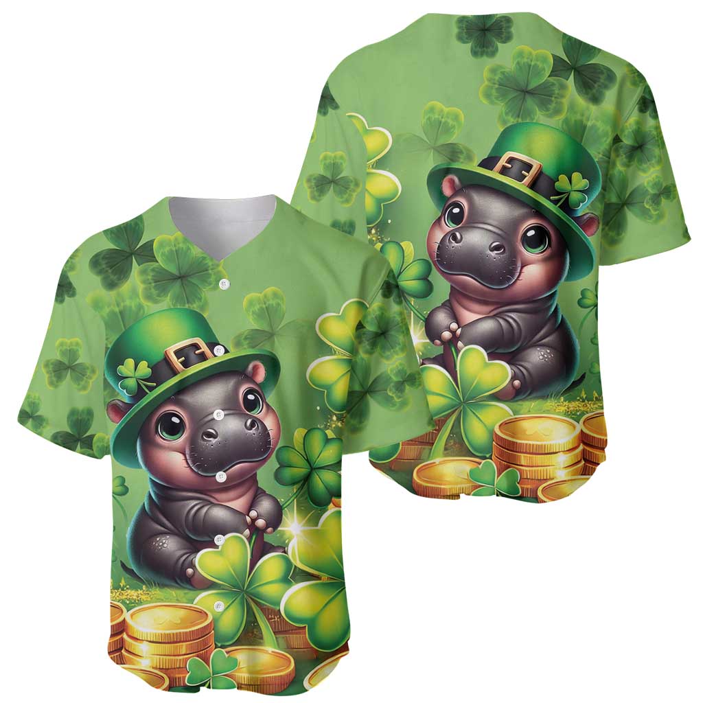 Green baseball jersey, front and back, cartoon hippo leprechaun hat with clovers and coins