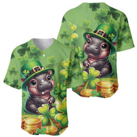 Green baseball jersey, front and back, cartoon hippo leprechaun hat with clovers and coins