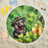 Round green beach blanket with leprechaun-style pig and shamrock clover pattern, fringe edge