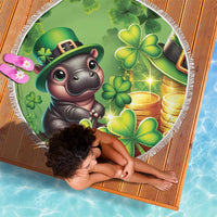 Square-style view of round green beach blanket with pig in hat and glowing shamrocks