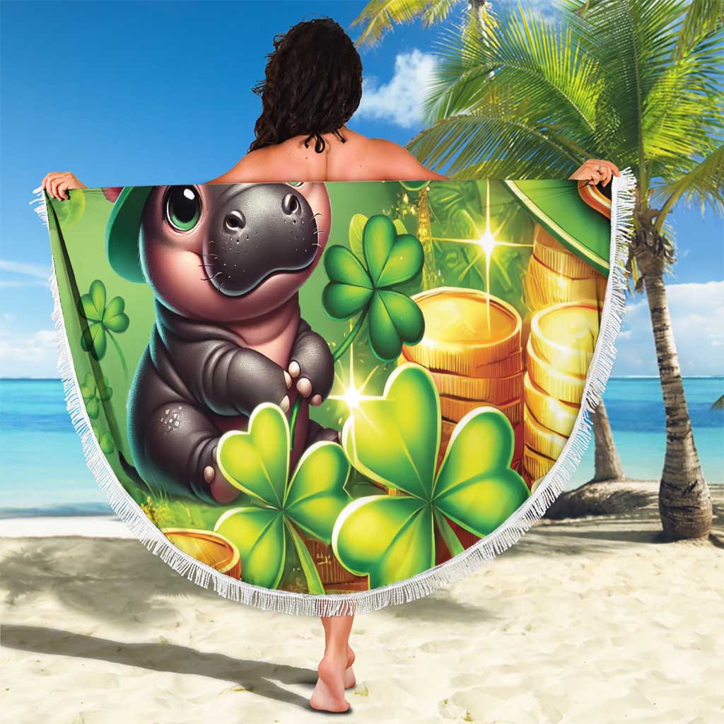 Round green beach blanket with leprechaun pig, Irish clovers, and coin stacks graphic, fringe