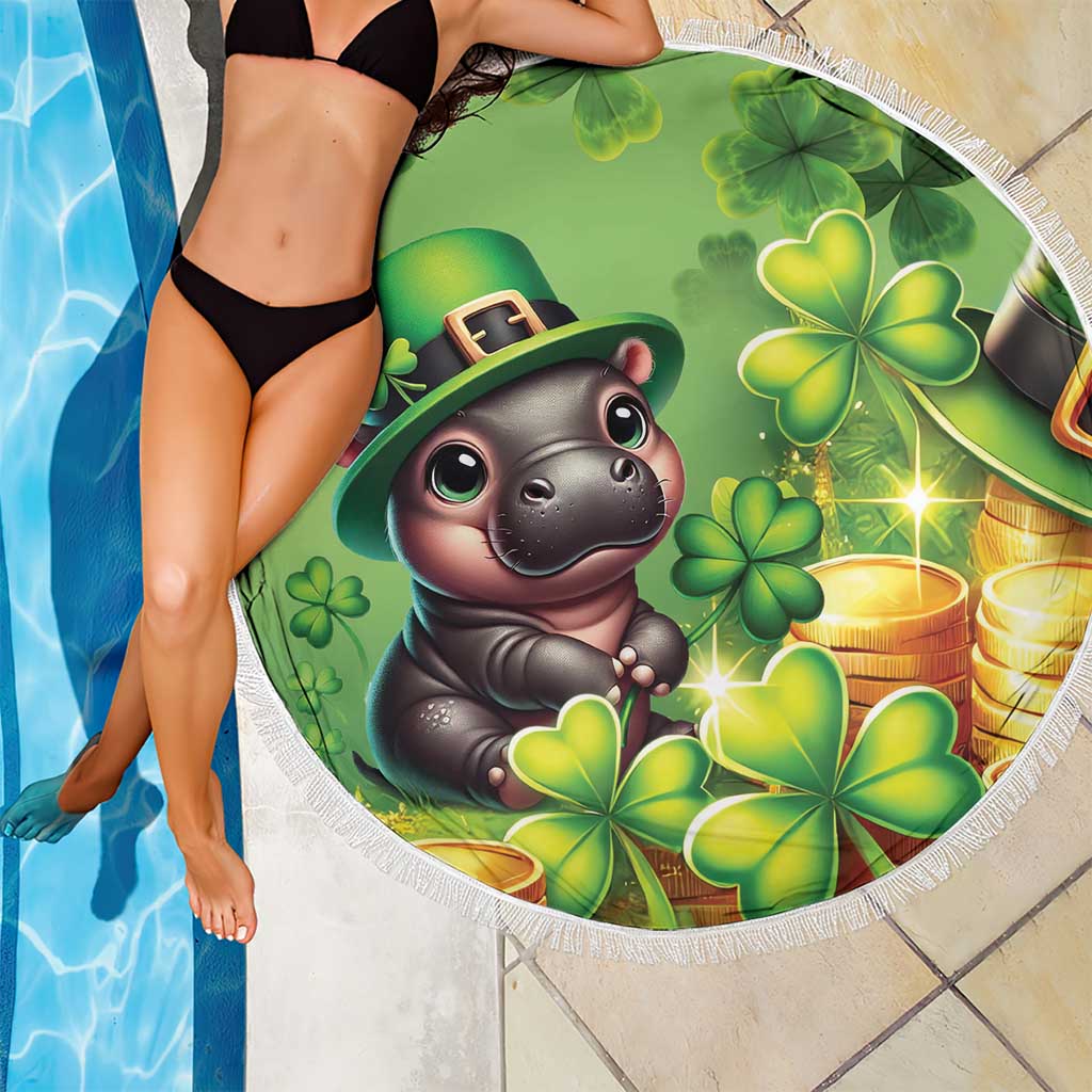 Round green beach blanket held over a bikini, featuring leprechaun pig and shamrock design