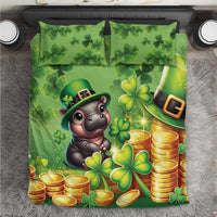 Green St. Patrick's Day duvet cover set with cartoon leprechaun dog, clovers, and coins