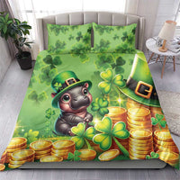 Green St. Patrick's Day bedding set with cartoon leprechaun dog, clovers, and gold coins