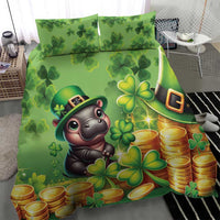 Green duvet cover with cartoon leprechaun dog, glowing clovers, and gold coins pattern
