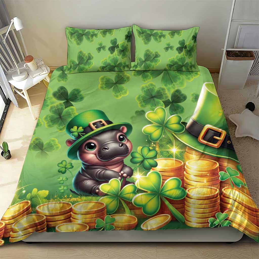 Green St. Patrick's Day duvet cover and pillowcases with clovers, coins, and leprechaun dog