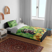 Green St. Patrick's Day bedding set on bed with cartoon leprechaun dog, clovers, and coins