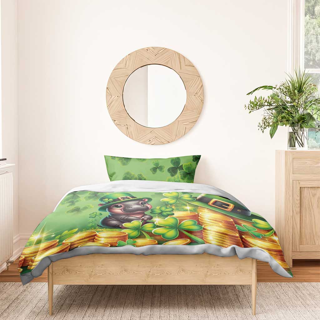 Green St. Patrick's Day duvet cover with cartoon leprechaun dog, clovers, and gold coins