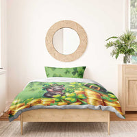 Green St. Patrick's Day duvet cover with cartoon leprechaun dog, clovers, and gold coins