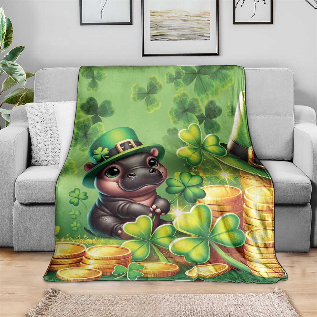 Green St. Patrick's Day blanket with cartoon hippo, clovers and stacked gold coins, on couch