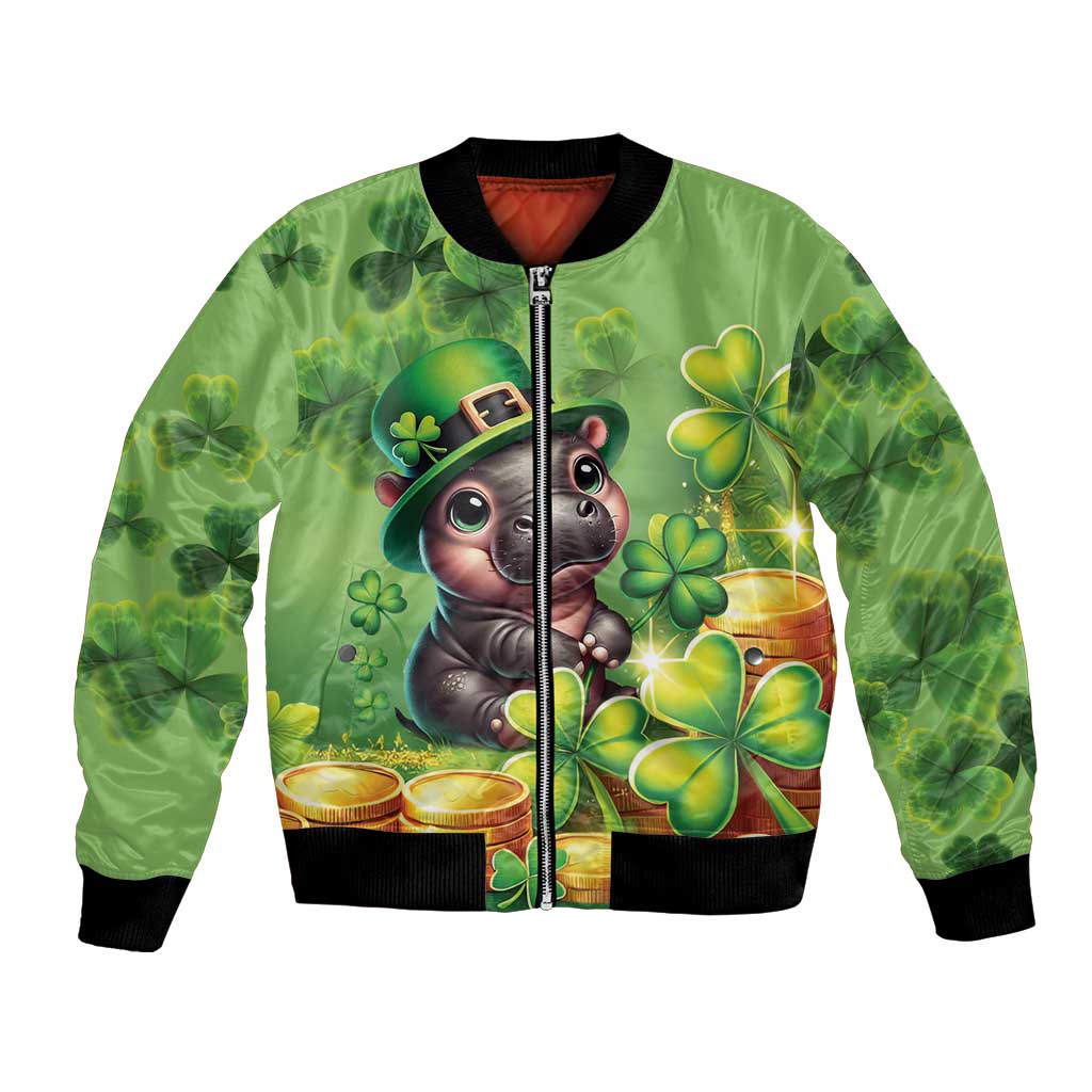 Green unisex bomber jacket with full-zip front, ribbed cuffs, clover and coin graphic
