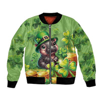 Green unisex bomber jacket with full-zip front, ribbed cuffs, clover and coin graphic