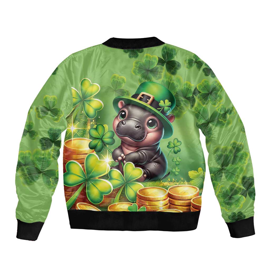 Green unisex bomber jacket, ribbed collar and hem, back clover and coin graphic
