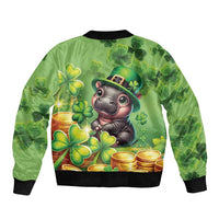 Green unisex bomber jacket, ribbed collar and hem, back clover and coin graphic