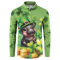 Green button front sweatshirt with cartoon leprechaun-style cat, clovers, and gold coins