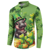 Green button front sweatshirt featuring cartoon leprechaun cat with clovers and stacked coins