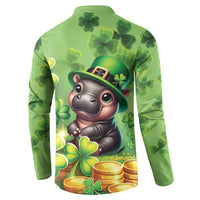 Green button front sweatshirt with cartoon leprechaun cat on back, clovers, and gold coins