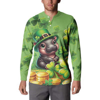 Green button front sweatshirt worn by model, with cartoon leprechaun cat, clovers, and coins