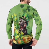 Green button front sweatshirt worn from back, cartoon leprechaun cat with clovers and coins