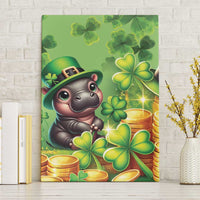 Green St. Patrick's Day canvas wall art with cartoon hippo in leprechaun hat, clovers, coins