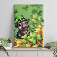 Green St. Patrick's Day canvas wall art featuring cartoon hippo, shamrocks, and glowing coins