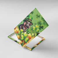 Green St. Patrick's Day canvas wall art panel with cartoon hippo, shamrocks, and gold coins
