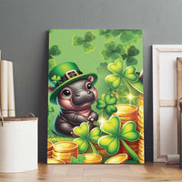 Green St. Patrick's Day canvas wall art with framed look, cartoon hippo, clovers and coins