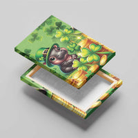 Green St. Patrick's Day canvas wall art panel, angled view, cartoon hippo with clover motif