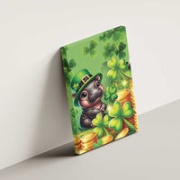 Green St. Patrick's Day canvas wall art with cartoon hippo wearing a green leprechaun hat