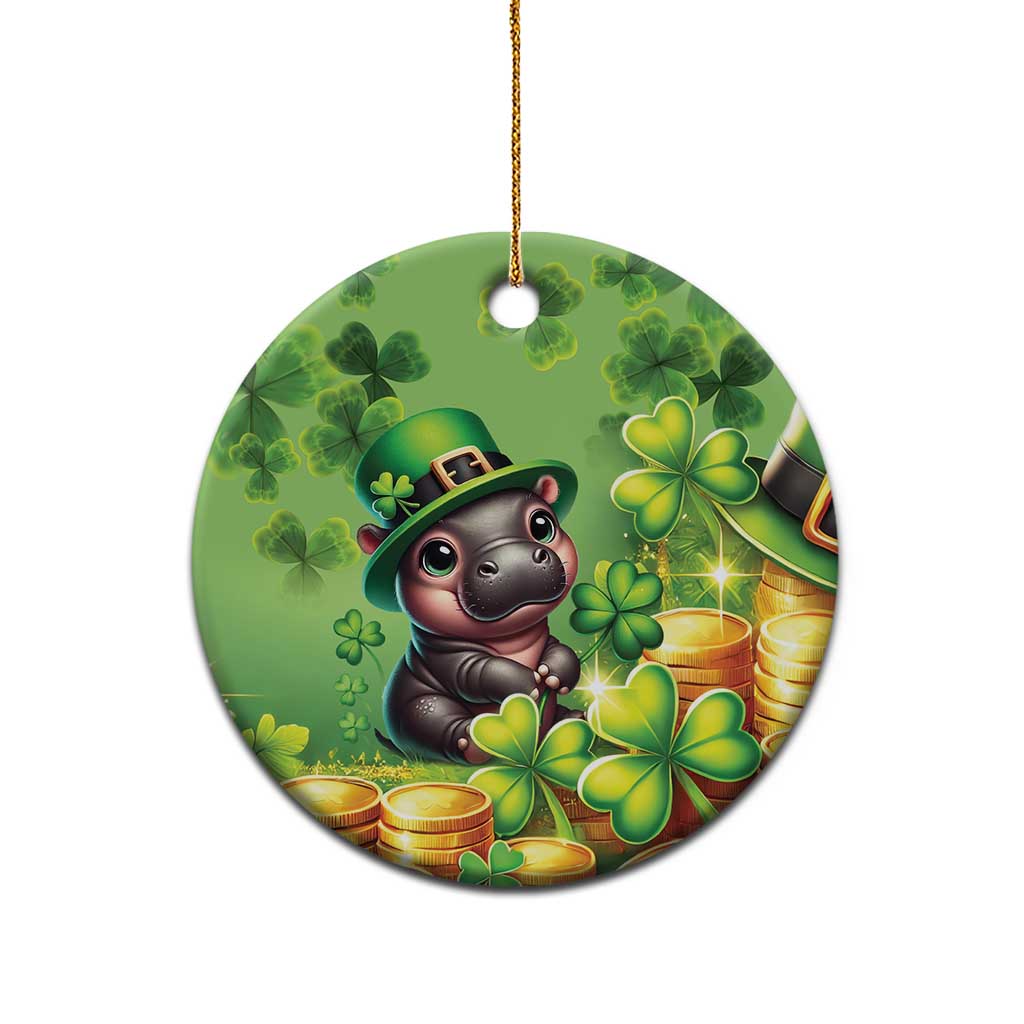 Green circular St. Patrick's Day ceramic ornament with cartoon bear, clovers, and gold coins.