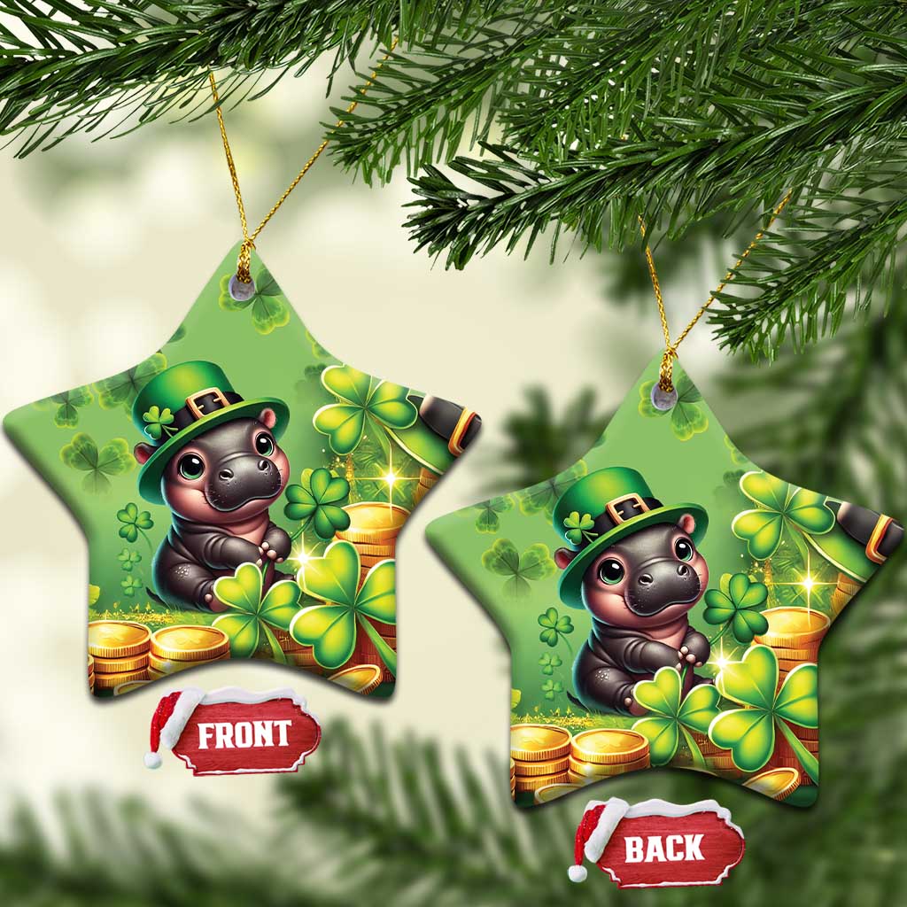 Green star-shaped St. Patrick's Day ceramic ornament with cartoon bear, clovers, and coins.