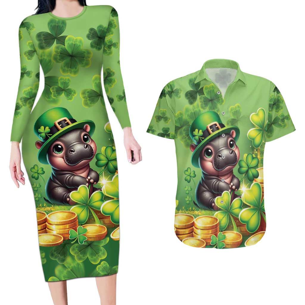 Leprechaun Moo Deng St Patricks Day Couples Matching Long Sleeve Bodycon Dress and Hawaiian Shirt LT9 - Wonder Print Shop