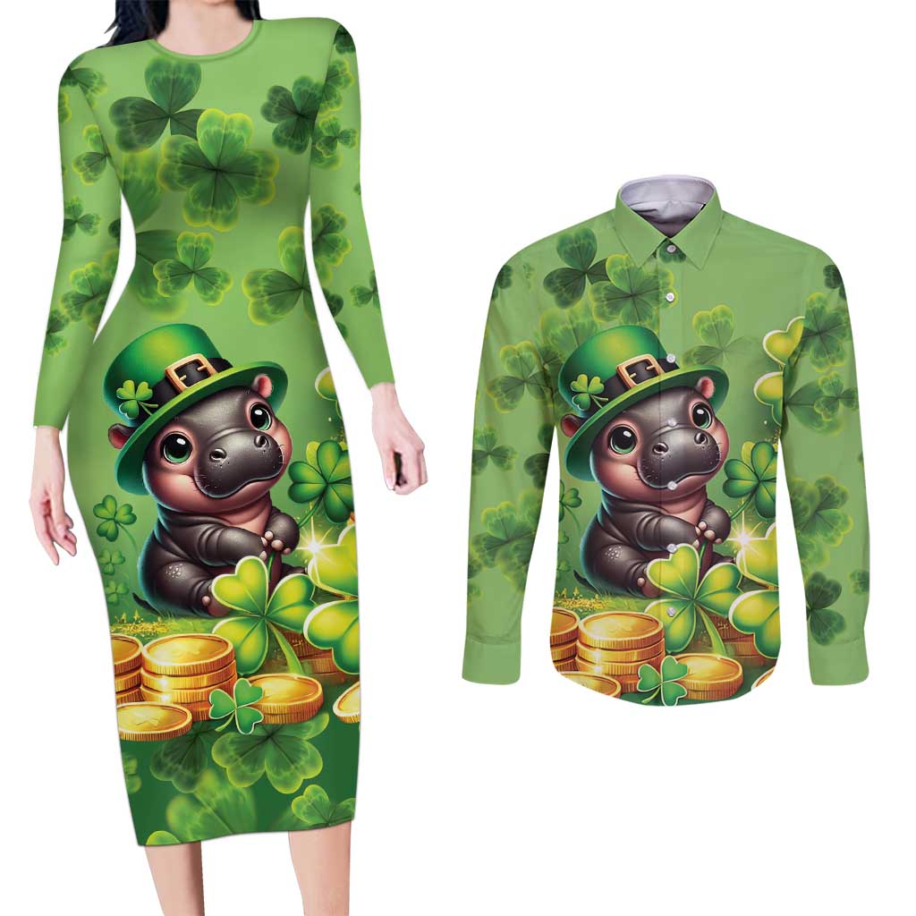 Leprechaun Moo Deng St Patricks Day Couples Matching Long Sleeve Bodycon Dress and Long Sleeve Button Shirt LT9 - Wonder Print Shop