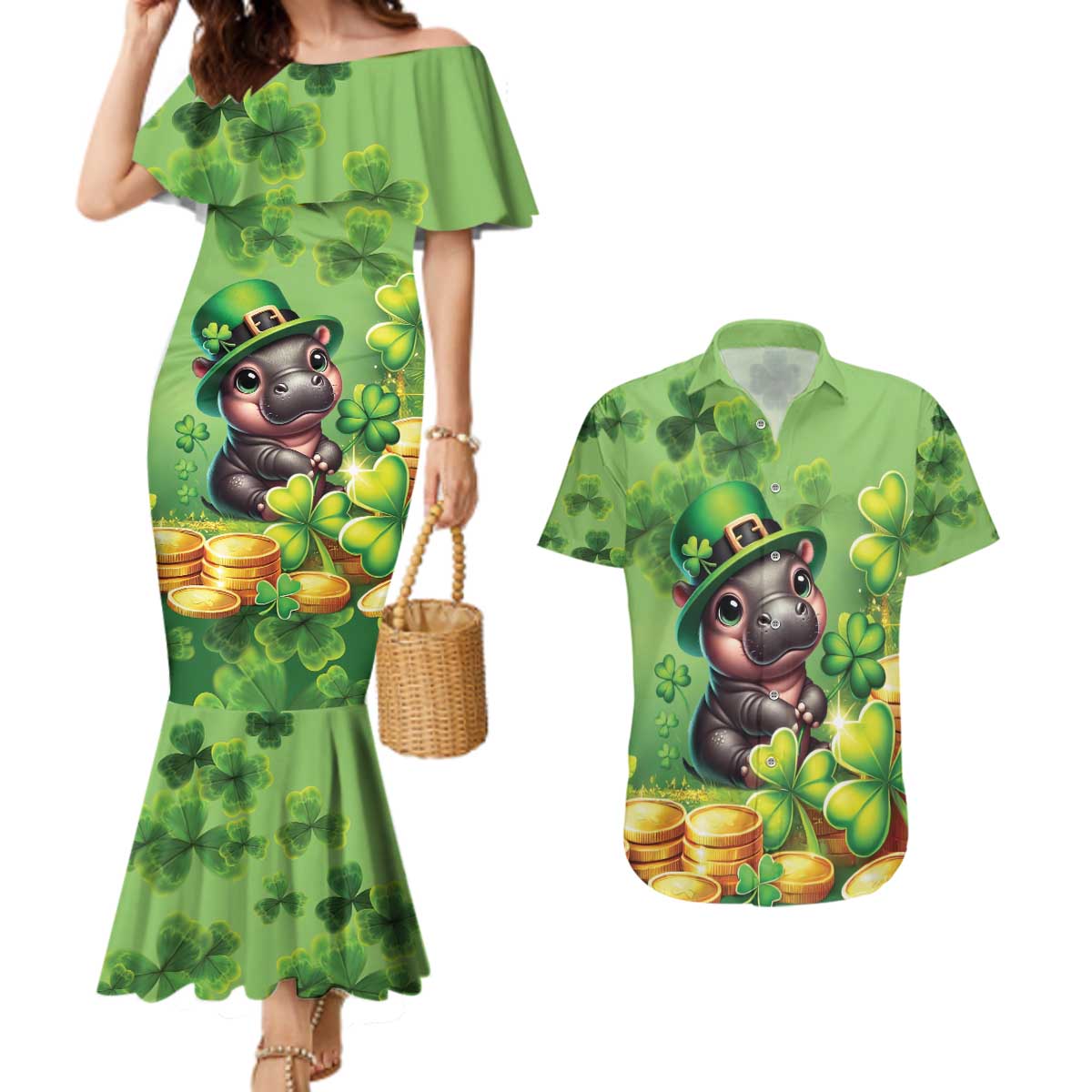 Leprechaun Moo Deng St Patricks Day Couples Matching Mermaid Dress and Hawaiian Shirt LT9 - Wonder Print Shop