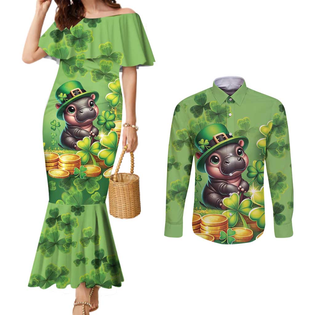 Leprechaun Moo Deng St Patricks Day Couples Matching Mermaid Dress and Long Sleeve Button Shirt