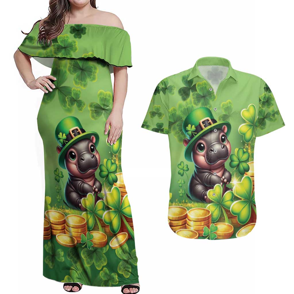 Leprechaun Moo Deng St Patricks Day Couples Matching Off Shoulder Maxi Dress and Hawaiian Shirt LT9 - Wonder Print Shop