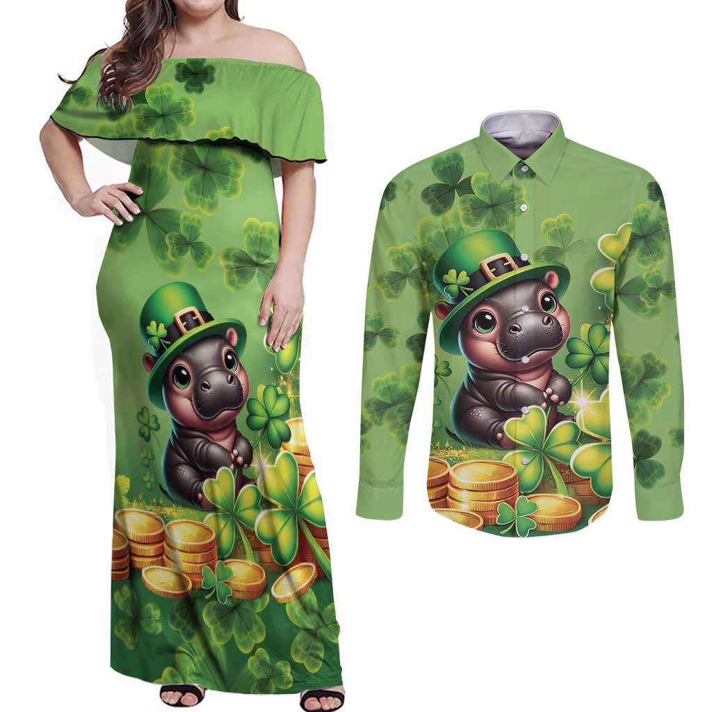 Leprechaun Moo Deng St Patricks Day Couples Matching Off Shoulder Maxi Dress and Long Sleeve Button Shirt LT9 - Wonder Print Shop