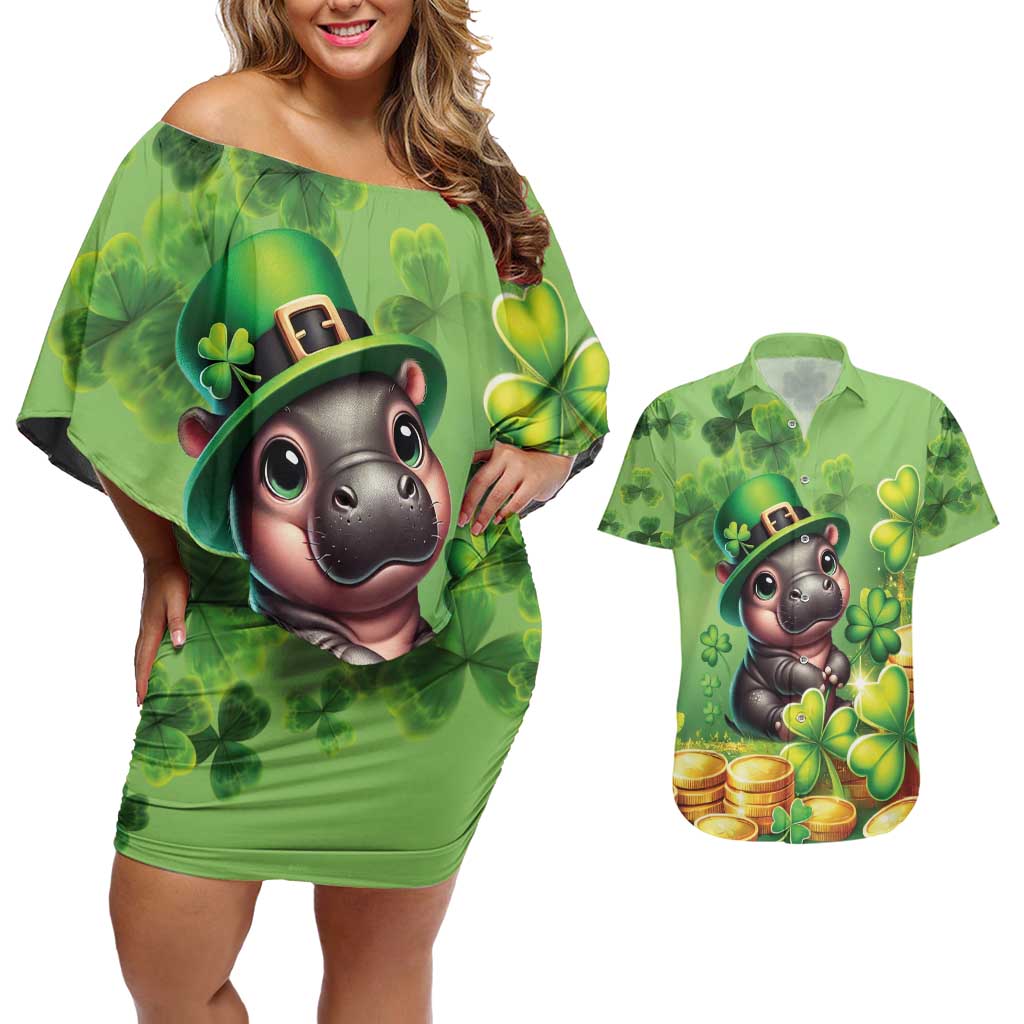 Leprechaun Moo Deng St Patricks Day Couples Matching Off Shoulder Short Dress and Hawaiian Shirt LT9 - Wonder Print Shop