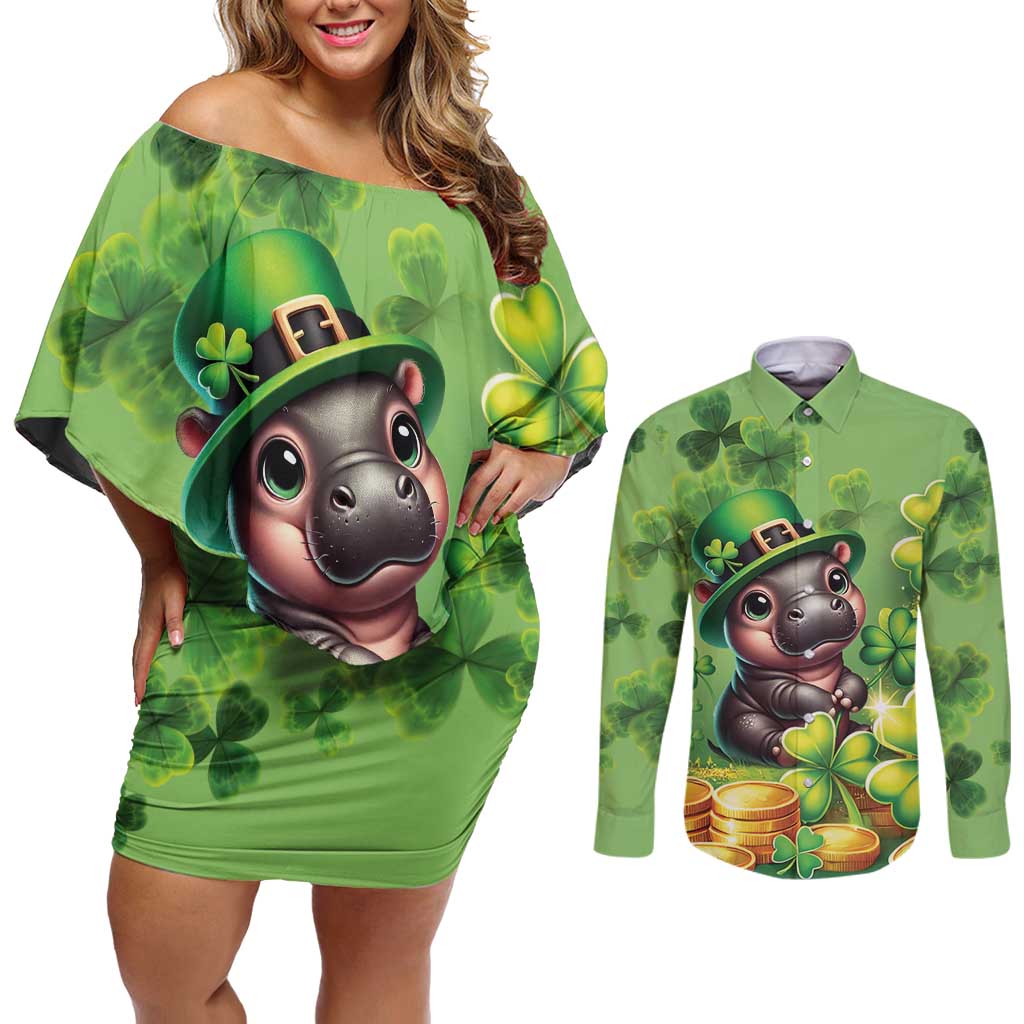 Leprechaun Moo Deng St Patricks Day Couples Matching Off Shoulder Short Dress and Long Sleeve Button Shirt LT9 - Wonder Print Shop