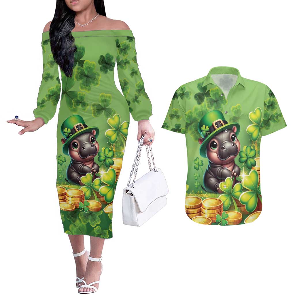 Leprechaun Moo Deng St Patricks Day Couples Matching Off The Shoulder Long Sleeve Dress and Hawaiian Shirt LT9 - Wonder Print Shop