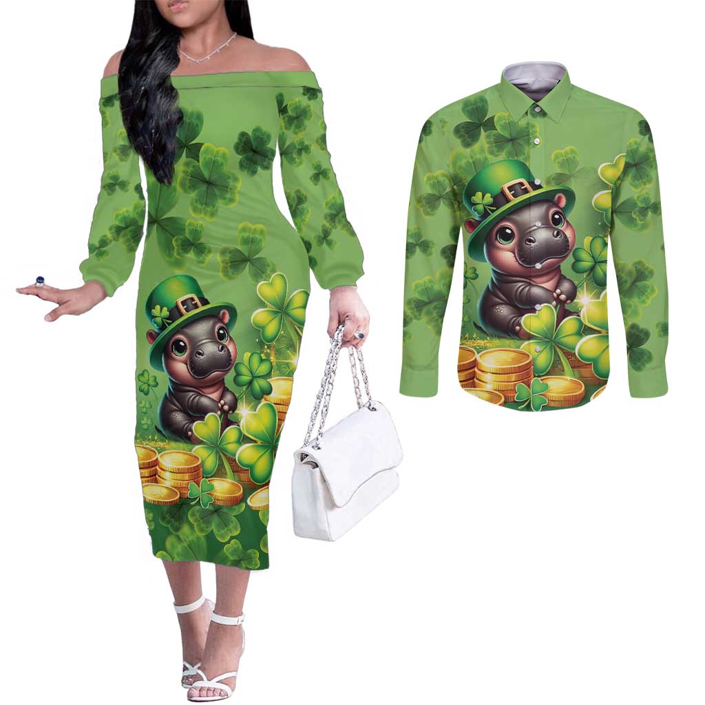 Leprechaun Moo Deng St Patricks Day Couples Matching Off The Shoulder Long Sleeve Dress and Long Sleeve Button Shirt