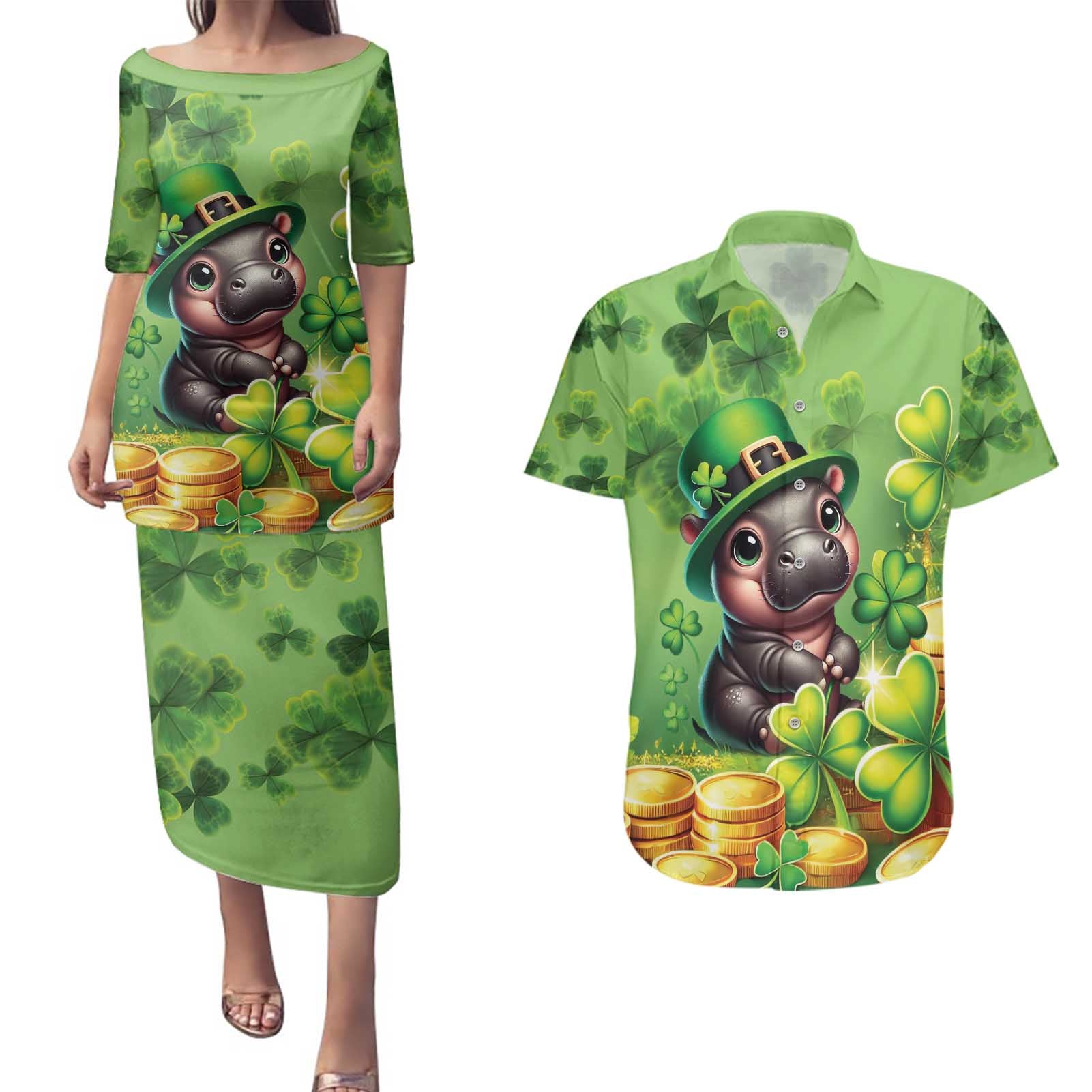 Leprechaun Moo Deng St Patricks Day Couples Matching Puletasi and Hawaiian Shirt LT9 - Wonder Print Shop