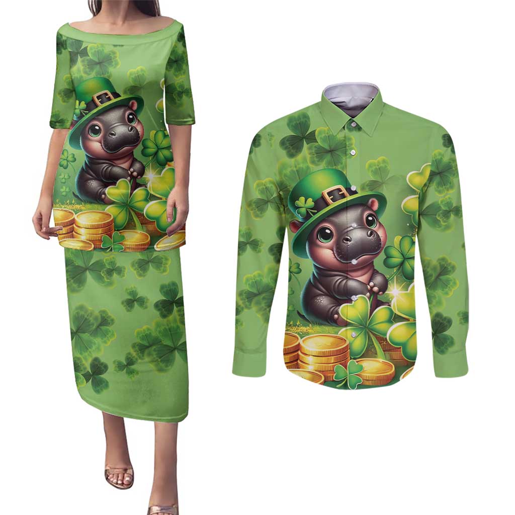 Leprechaun Moo Deng St Patricks Day Couples Matching Puletasi and Long Sleeve Button Shirt LT9 - Wonder Print Shop