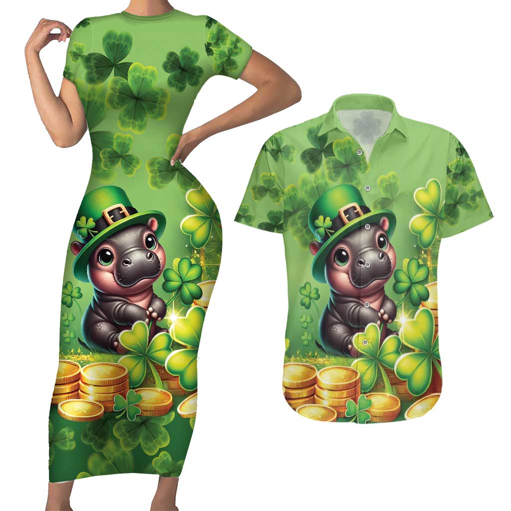 Leprechaun Moo Deng St Patricks Day Couples Matching Short Sleeve Bodycon Dress and Hawaiian Shirt LT9 - Wonder Print Shop